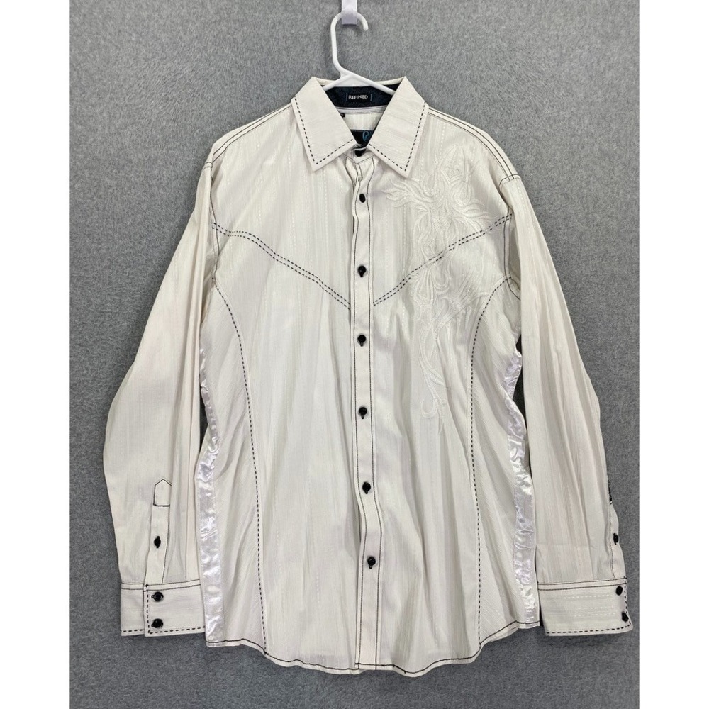 Roar Shirt‎ Mens Medium White Signature Embroidered Button Flip Cuff Stitching
